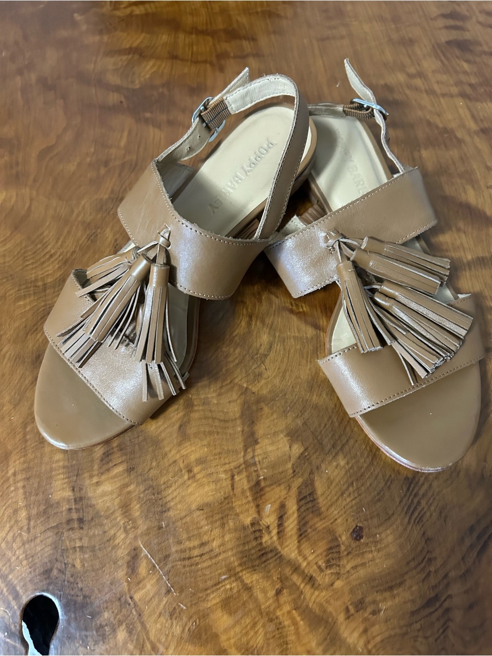 Poppy Barley Almond Boho Leather Tassel Flat Sandals Size 7